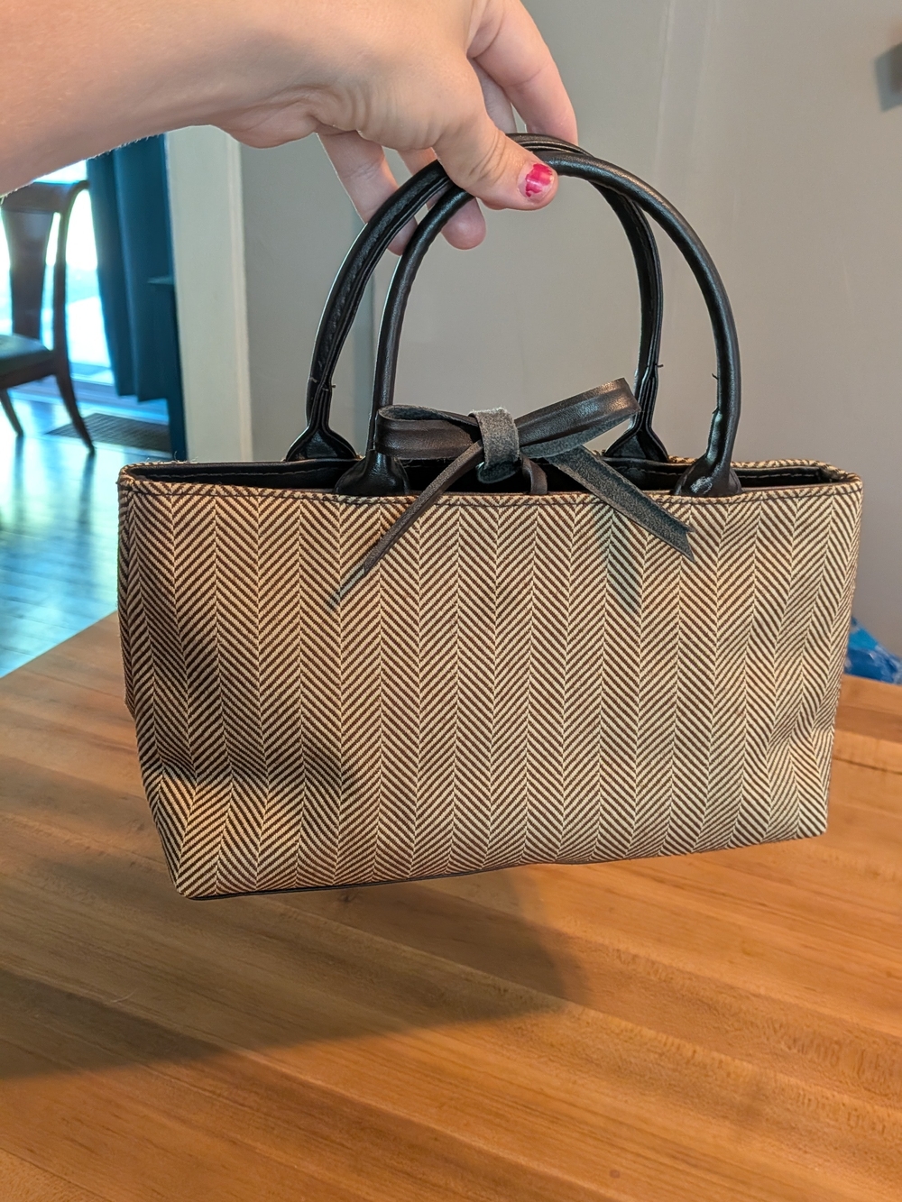 Y2K 2000s Estée Lauder Brown Beige Herringbone Bow Tote Makeup Bag Purse